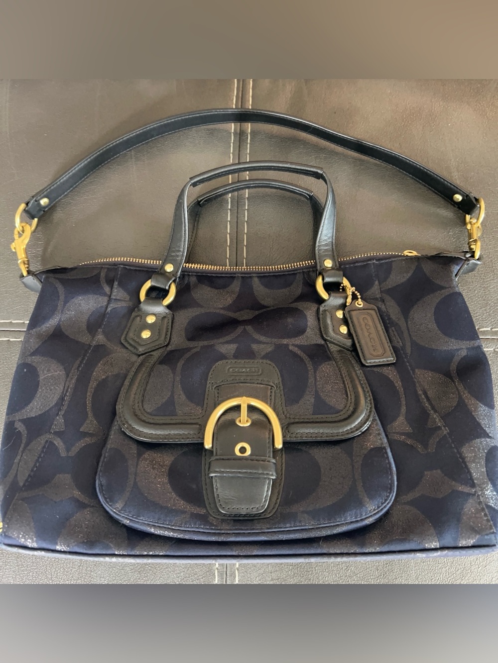 Coach Campbell Signature Metallic Satchel Navy Blue Black F26246